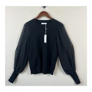 Romantic Sheer Swiss Dot Puff Sleeve Knit Sweater M Black Six/Fifty Women
